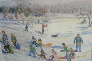 painting of kids skiing and sledding in Minnesota winter