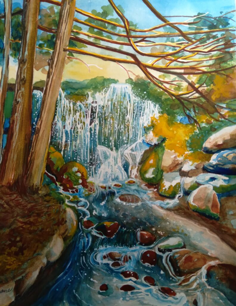Walk in the Park- Waterfalls at Arboretum 9x12 image size watercolor